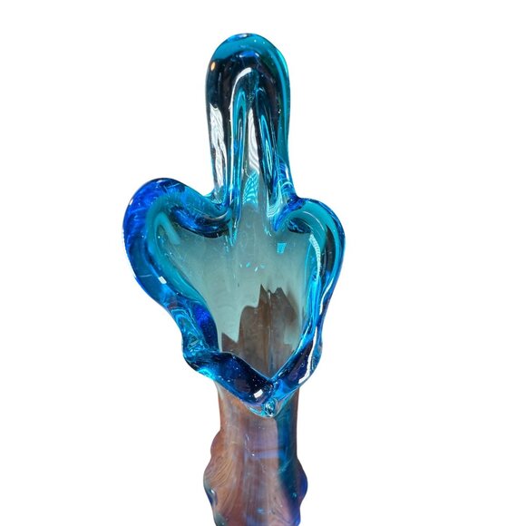 Hand Blown 2 Swung Glass Bud Vases Blue Cobalt & Green Retro MCM Collectable - Picture 6 of 13